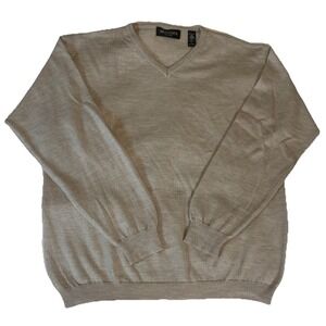 Brandini Italian Merino Wool Pullover Sweater Beige Vneck Quiet Luxury Preppy LG